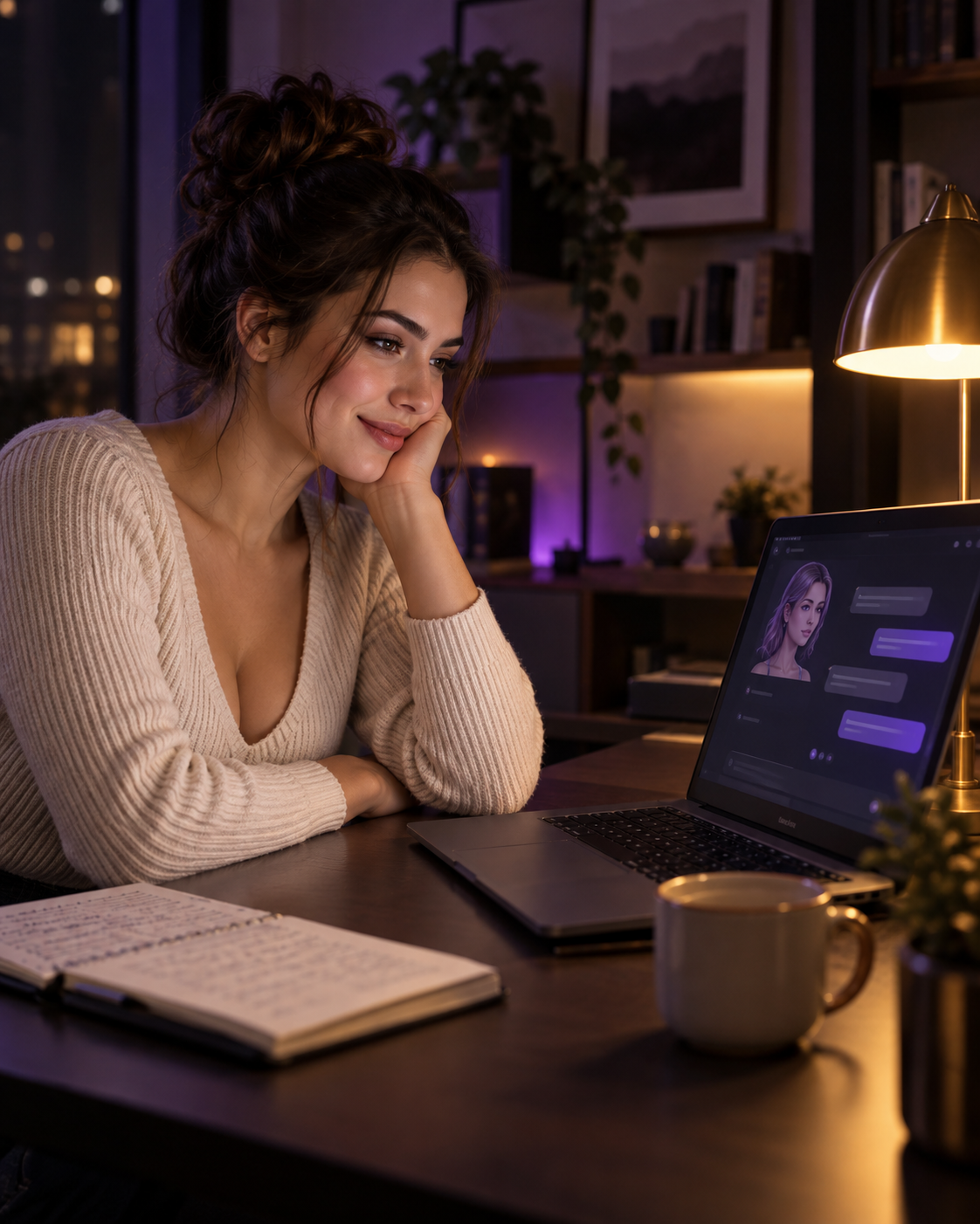 Original MurasakiHub editorial visual of a clearly adult woman reviewing an abstract AI companion interface on a laptop
