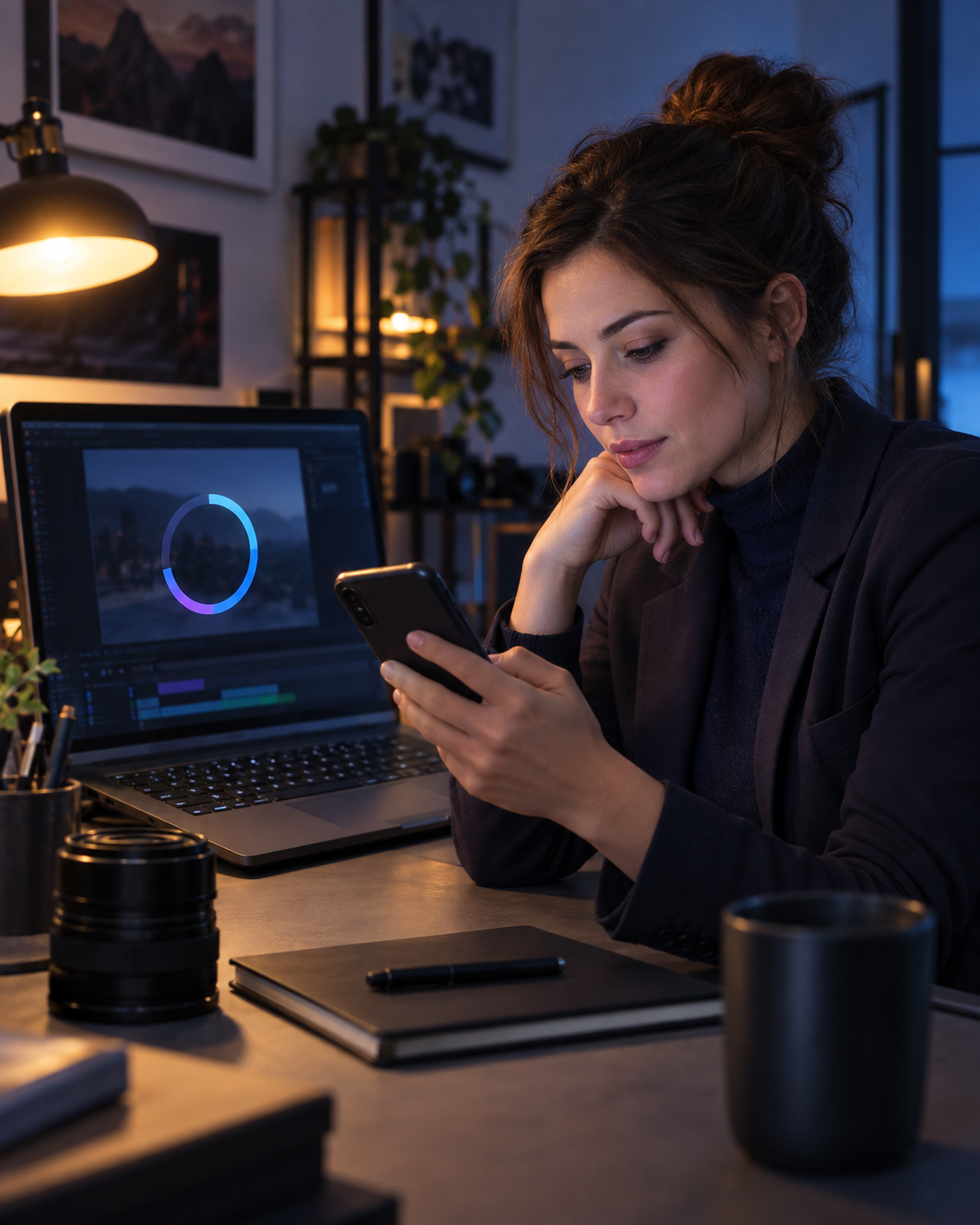 Original MurasakiHub editorial visual of a professional woman monitoring an abstract media render on a laptop
