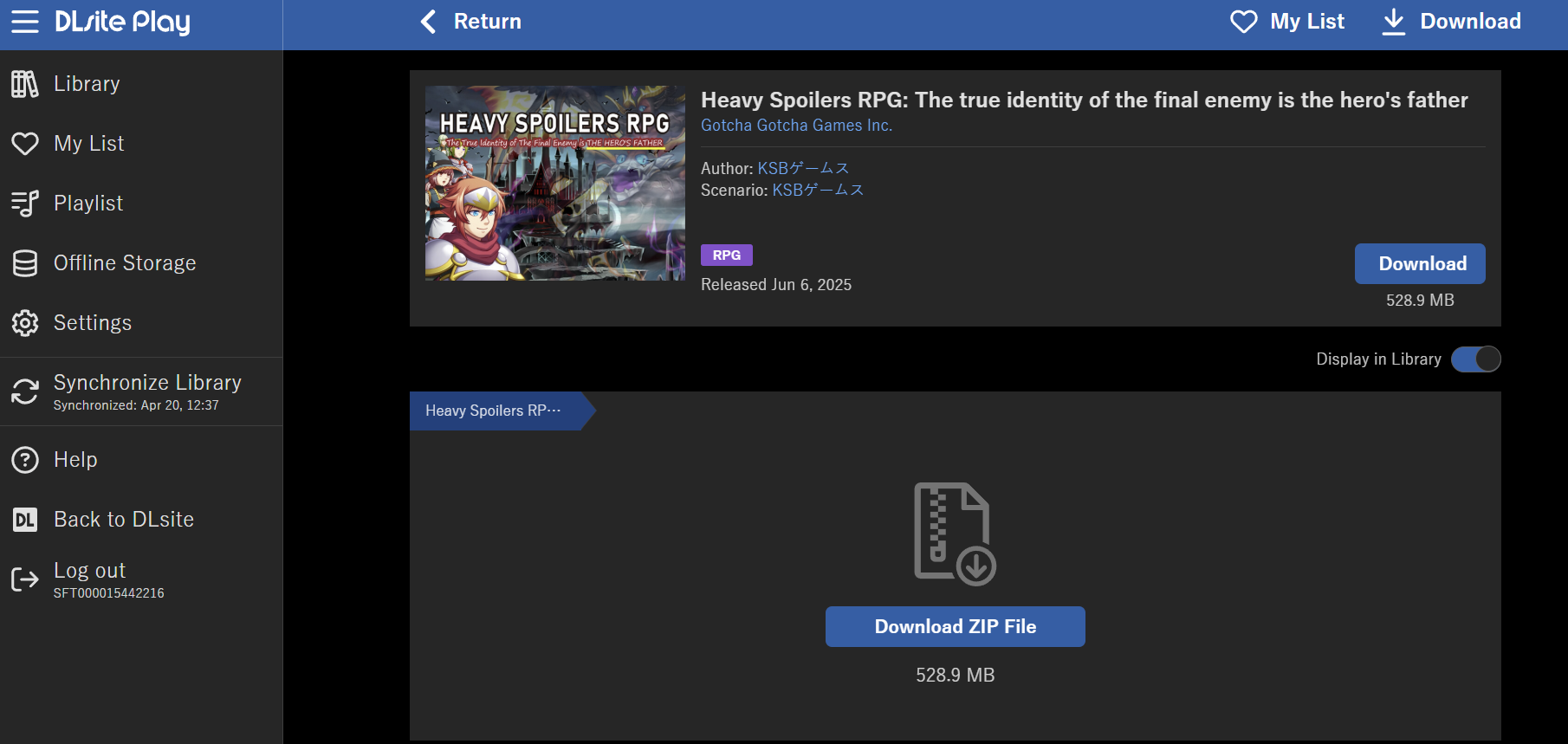 DLsite Play client showing library with Heavy Spoilers RPG, Download ZIP File button (528.9 MB), offline storage option