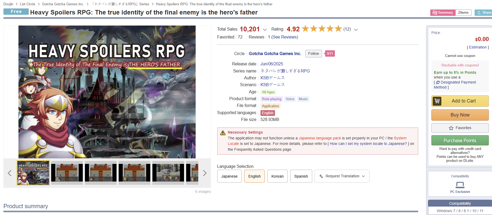 DLsite free game page: Heavy Spoilers RPG marked Free, $0.00 price, 10,201 total sales, 4.92 rating, English language support, Windows compatible, 528.93MB download