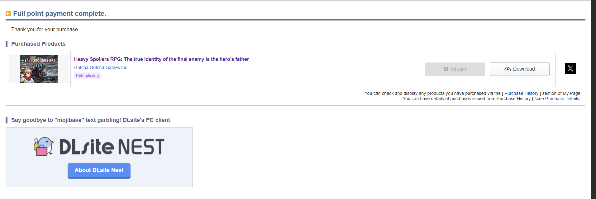 DLsite purchase confirmation screen with download button, showing Heavy Spoilers RPG purchase complete and DLsite NEST client promotion