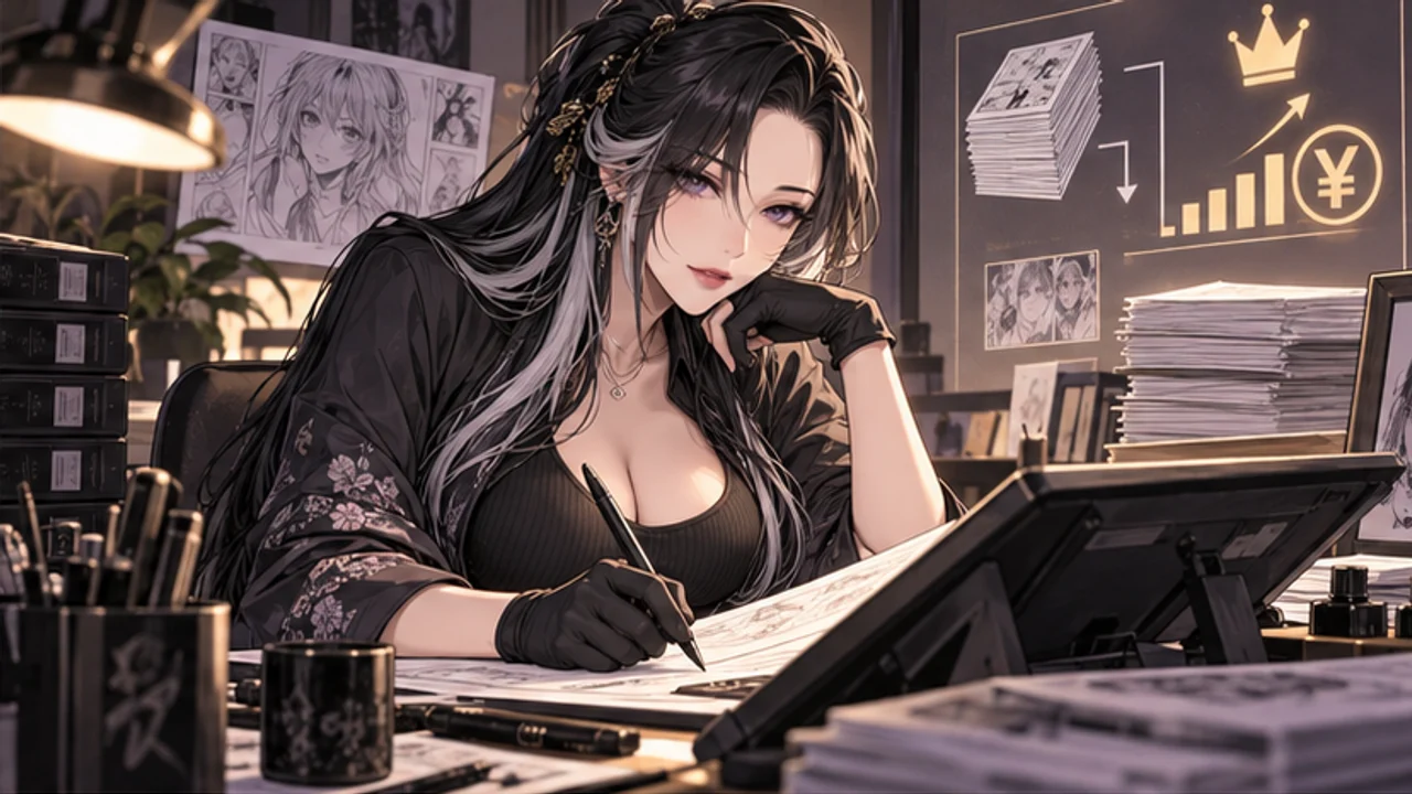 Original manga artist salary guide avatar reviewing page rates, assistants, and royalties at a manga desk