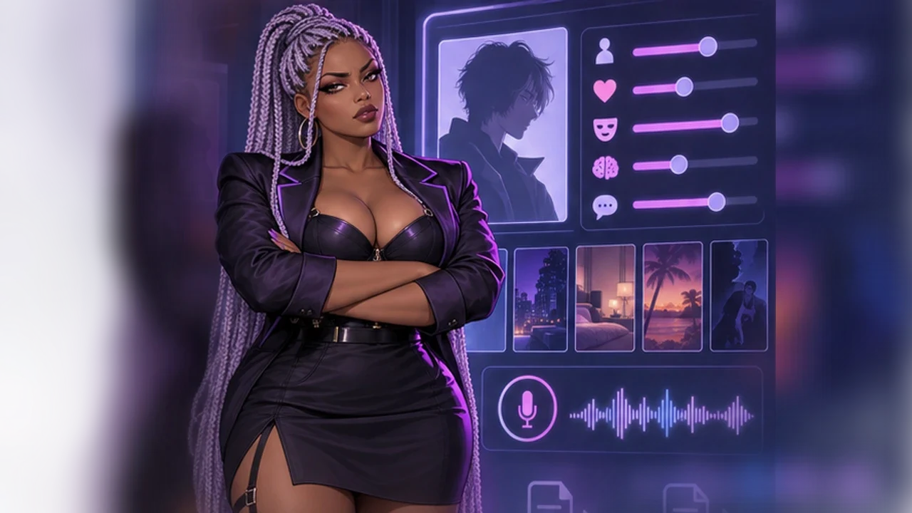 Original PepHop AI review avatar inspecting character-card tools, scenario settings, and voice-call extras
