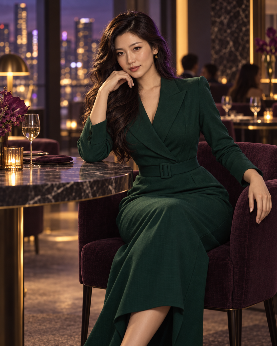 Original MurasakiHub editorial visual of a clearly adult fictional woman in an emerald tailored dress