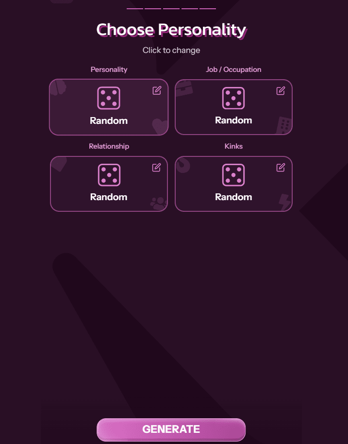 Kupid AI character creator, personality and kinks settings
