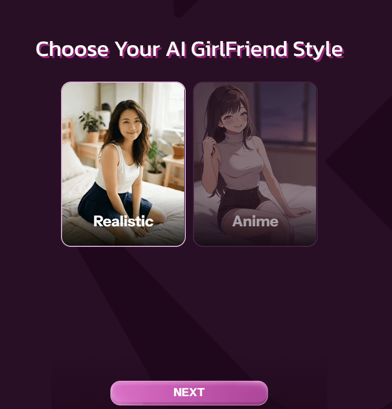 Kupid AI character creator, choose Realistic or Anime style