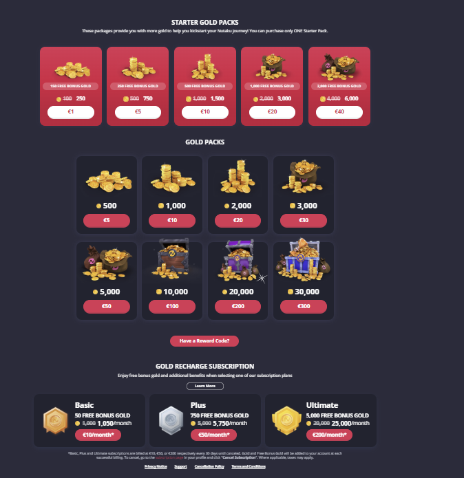 Nutaku Gold pack pricing: Starter Packs from €1, regular Gold from €5 to €300