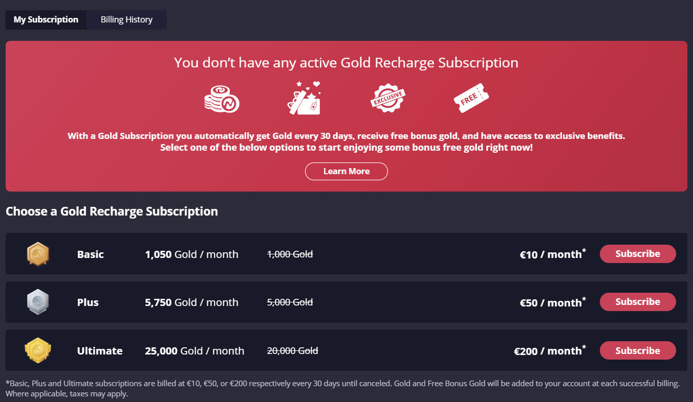 Nutaku Gold subscription tiers: Basic €10/month, Plus €50/month, Ultimate €200/month