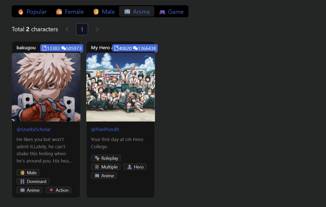 PepHop AI Anime tab: total 2 characters on free tier, Bakugou and MHA group
