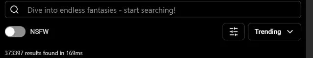 SpicyChat catalogue controls showing search, NSFW toggle, sort control, and result count