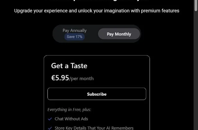 SpicyChat subscription page showing billing tabs and the Get a Taste monthly plan